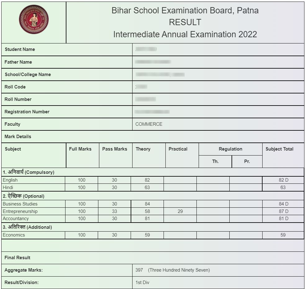 bihar board 12th marksheet sample 2022